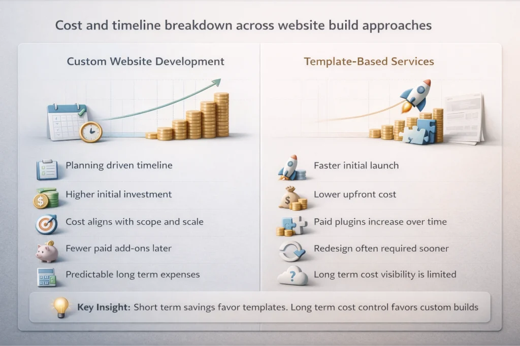 Cost and timeline breakdown across website build approaches