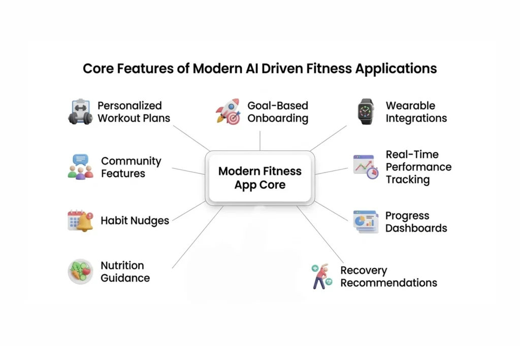 Key features in modern AI driven fitness applications including personalization, wearables, recovery, nutrition, and habit tracking