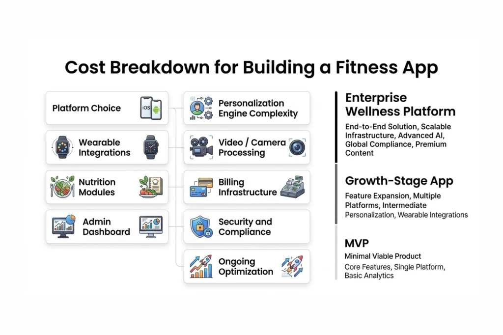 Cost drivers for building AI driven fitness applications including integrations, personalization, camera analysis, security, and analytics