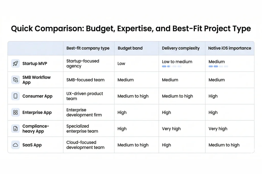 Comparison of top iPhone app development companies in Chennai by budget and project fit
