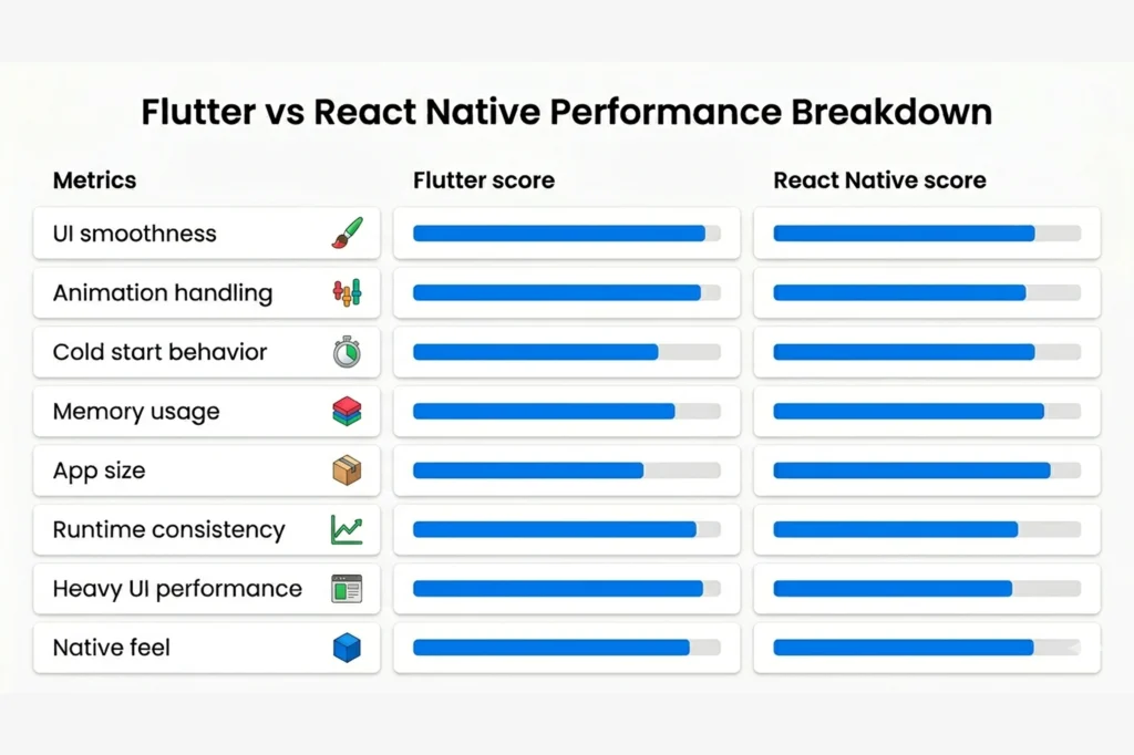Flutter vs React Native performance comparison infographic with speed and UI metrics
