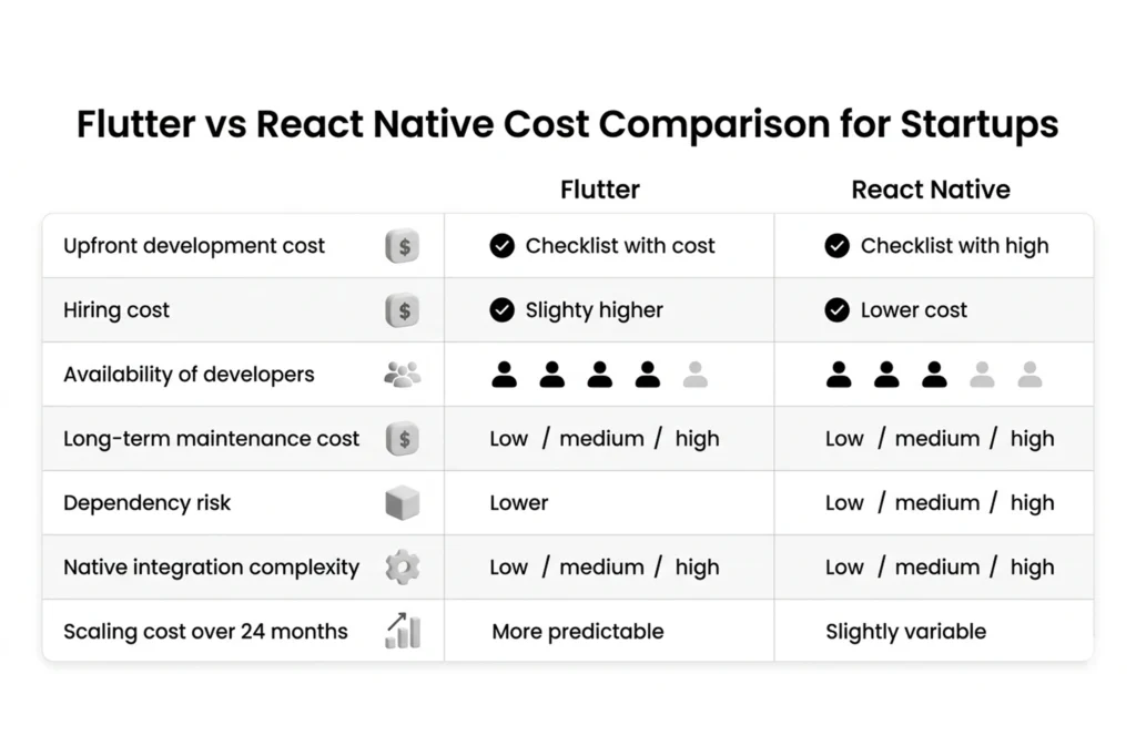 Flutter vs React Native cost comparison infographic for startups and growing businesses
