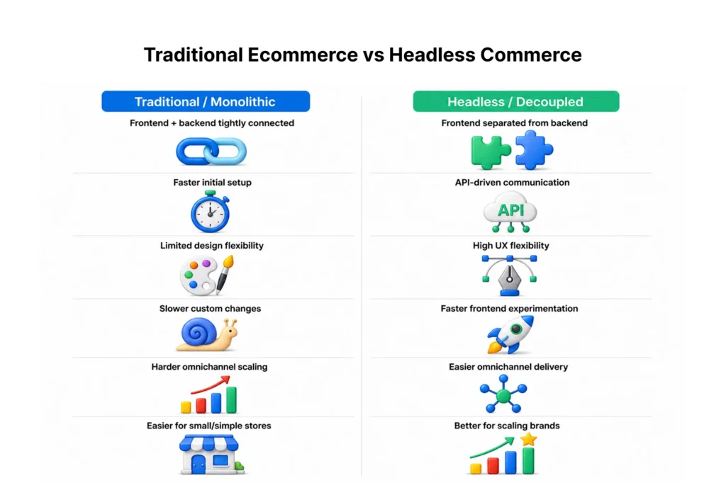 Traditional vs headless ecommerce architecture comparison diagram